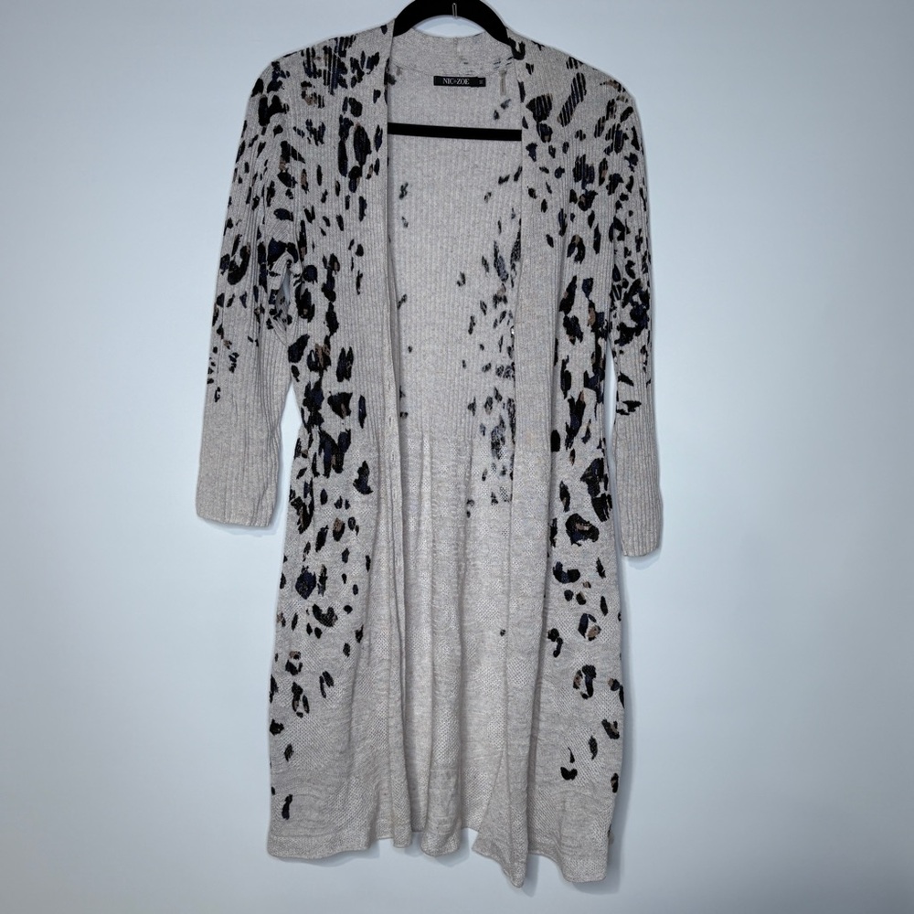 Nic+Zoe Leopard Print Linen Blend Duster Cardigan Size Medium Oatmeal & Black - Picture 5 of 8